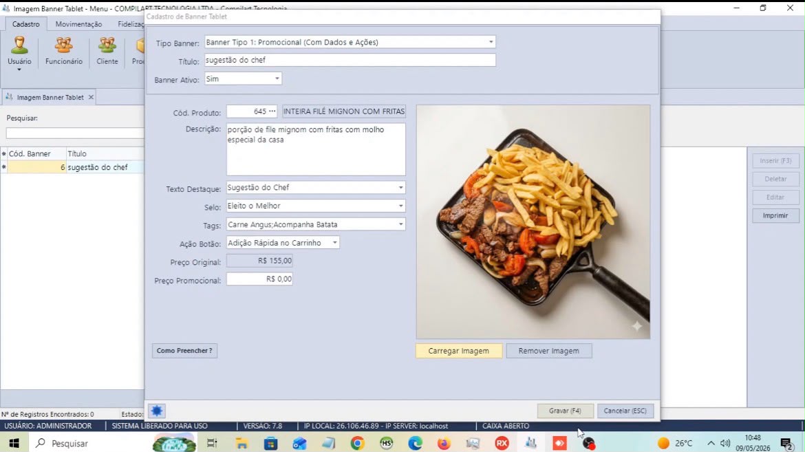 Tela de cadastro de ficha técnica do produto no sistema