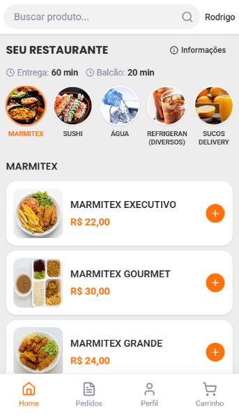 Loja do restaurante aberta no celular, com marmitex, sushi e bebidas