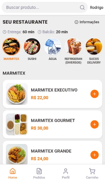 Loja do restaurante aberta no celular, com marmitex, sushi e bebidas