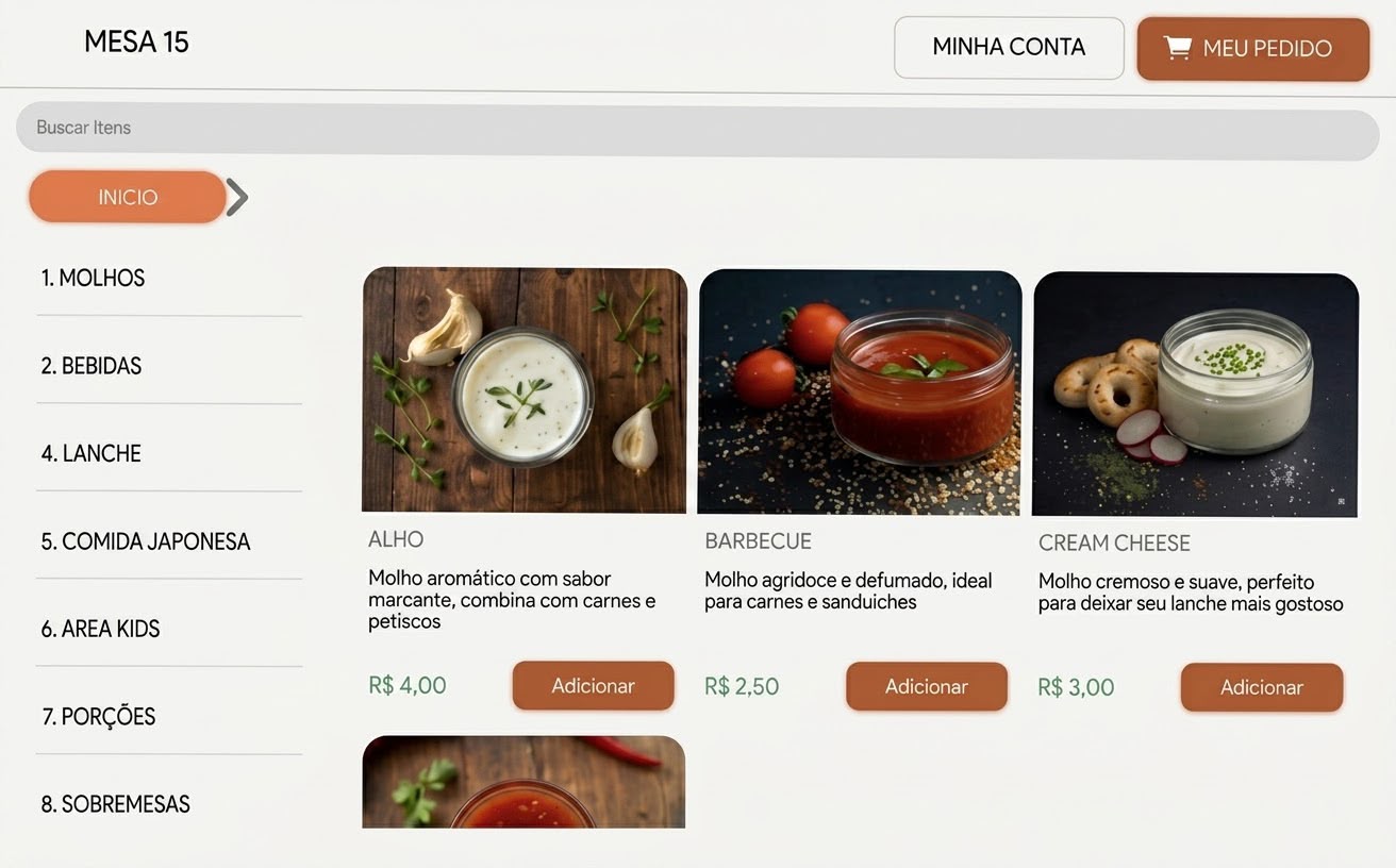 Cardápio digital aberto na Mesa 15, com molhos, fotos, descrições e preços