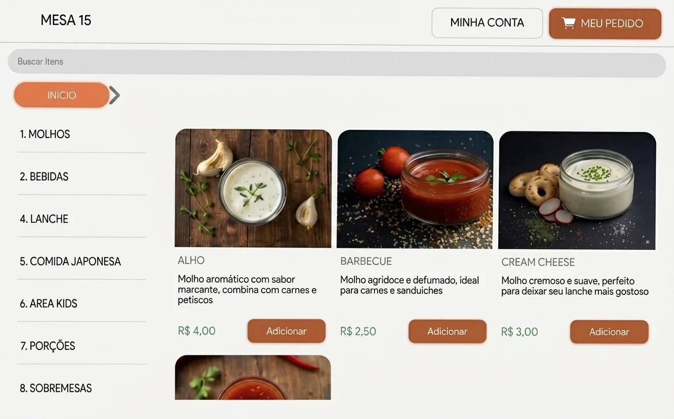 Cardápio digital aberto na Mesa 15, com molhos, fotos, descrições e preços
